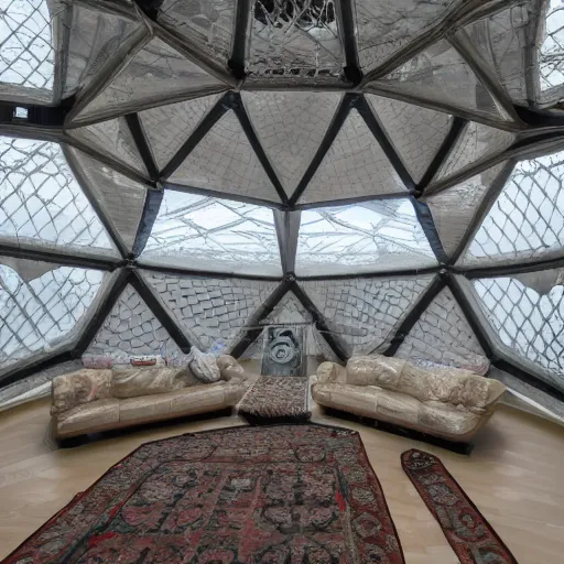 Image similar to a photograph of a living room in a geodesic dome designed by H.R. Giger, 8k high quality, uncompressed image