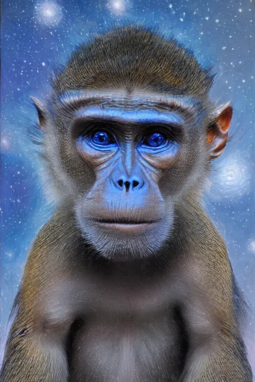 Image similar to blue monkey lying on his back looking up at the stars, oil on canvas, intricate, portrait, 8 k highly professionally detailed, hdr, cgsociety