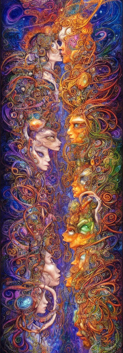 Image similar to two psychedelic shamans intertwined in a cosmic entanglement by Josephine Wall and Daniel Merriam, Artstation