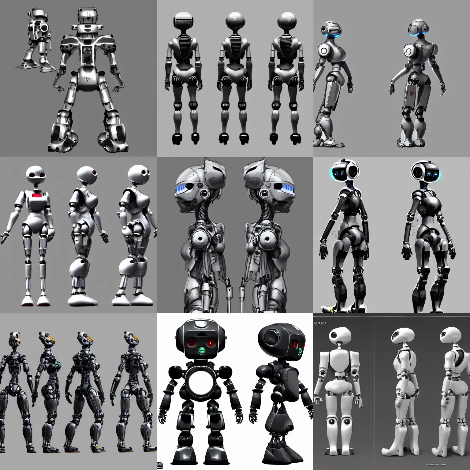 Prompt: sideview frontview cute robots very high resolution sharp 8k detailed realistic concept art render model sheet design on artstation
