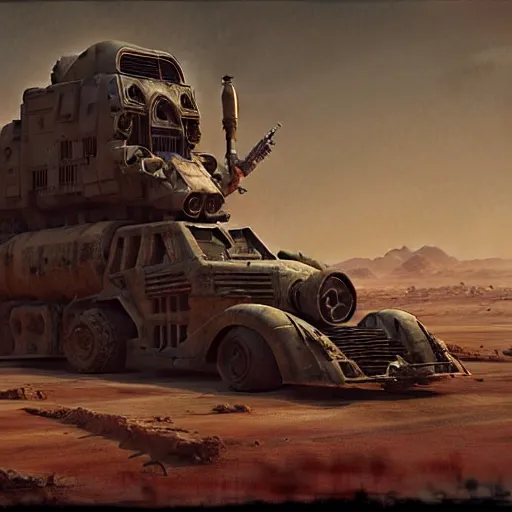 Image similar to Portrait of Immortan Joe by Greg Rutkowski. He is making an announcement from his war rig in the desert by Mark Arian. It is bright and desolate and rusty by H.R. Giger. soft render, octane, highly detailed painting by Moebius. artstation Blank Canvas Scene by Tetsuya Nomura.