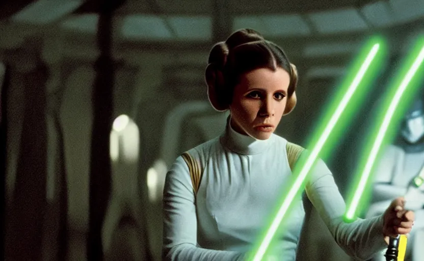 Image similar to screenshot of Princess Leia by herself, training to use a yellow lightsaber at a new desolute Jedi Temple, iconic scene from The Force Awakens the 1970s film directed by Stanley Kubrick, stunning cinematography, hyper-detailed, crisp, sharp, anamorphic lenses, kodak color film stock, 4k