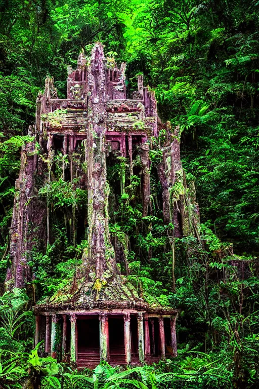 Image similar to abandoned fractal temple in middle of a rainforest, realistic dslr photograph, shot on film