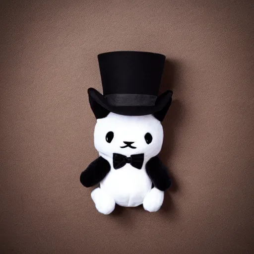 Image similar to a plushie of a cat in a top hat, sanrio toys, famous stuffed animals, ty.com, plush toys, high detail, cute, photograph on a bed uhd 4k, rtx on