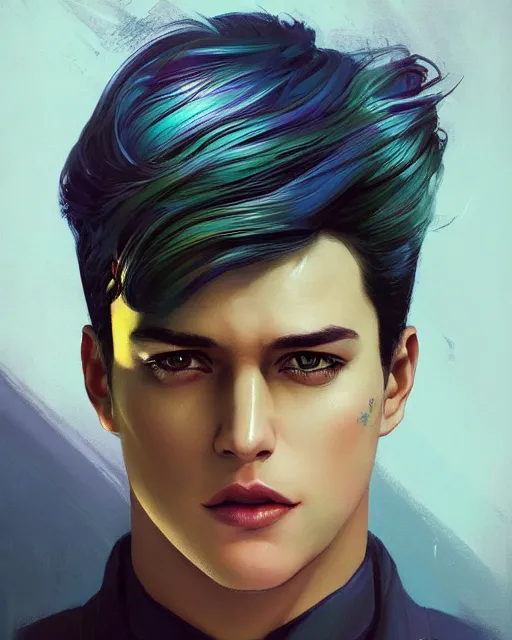 Prompt: man with a cute - fine - face, pretty face, oil slick hair, realistic shaded perfect face, extremely fine details, by realistic shaded lighting, dynamic background, poster by ilya kuvshinov katsuhiro otomo, magali villeneuve, artgerm, jeremy lipkin and michael garmash and rob rey, and silvain sarrailh