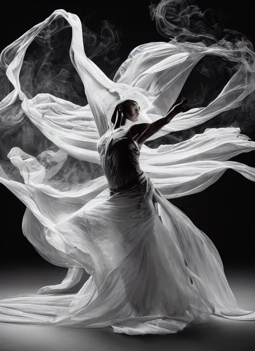 Image similar to a Photorealistic dramatic hyperrealistic render of a glamorous beautiful Female smoke dancer by Ken Brower and Deborah Ory of NYC Dance project,Lois Greenfield,Flowing cloth and smoke,Beautiful dynamic dramatic dark moody lighting,volumetric,shadows,cinematic atmosphere,Octane render,8K