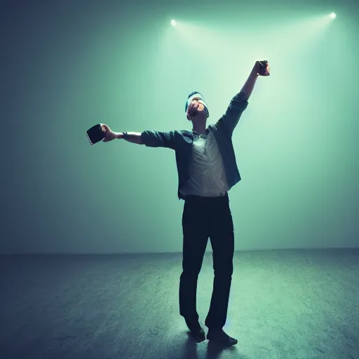 Image similar to a man boisterously dancing around the room by himself holding an empty bottle jumps in the air, dramatic lighting, award-winning photo UHD, 4K