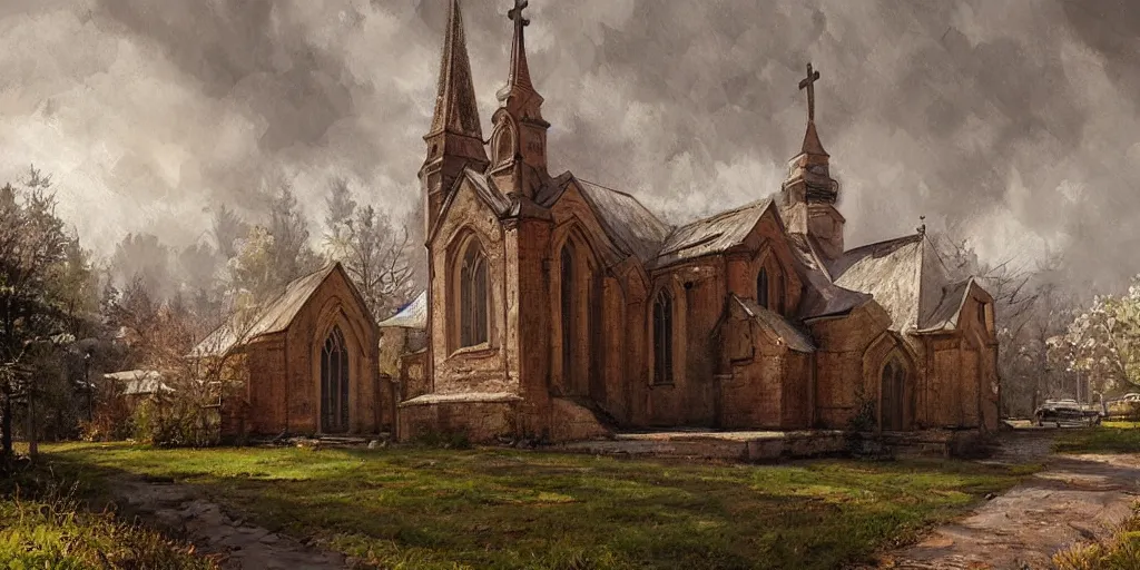 Prompt: a beautiful unknown church, digital painting by richard schmid
