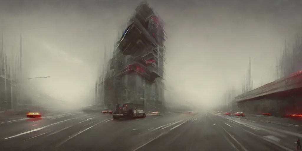 Image similar to a highly detailed epic cinematic concept art CG render digital painting artwork: Japanese highway, fog. By Greg Rutkowski, in the style of Francis Bacon and Syd Mead and Norman Rockwell and Beksinski, open ceiling, highly detailed, painted by Francis Bacon and Edward Hopper, painted by James Gilleard, surrealism, airbrush, Ilya Kuvshinov, WLOP, Stanley Artgerm, very coherent, triadic color scheme, art by Takato Yamamoto and James Jean