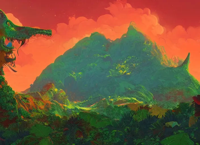 Prompt: psychedelic art of a mountain shaped like a dinosaur, jungle landscape, detailed, cel shaded, by makoto shinkai and moebius and anton fadeev and james gurney