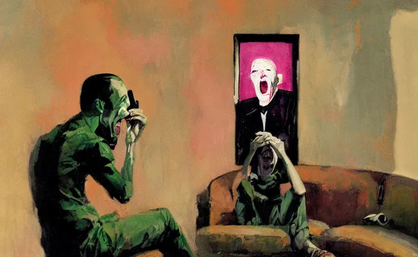 Prompt: a thin man screams at a telephone beside a sofa in a dark living room, painted by phil hale and rick berry and jeremy mann, pink and green, highly detailed