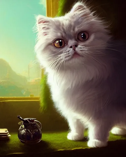 Image similar to highly detailed surreal vfx portrait of a cute, happy persian cat with green eyes, stephen bliss, unreal engine, greg rutkowski, loish, rhads, beeple, makoto shinkai and lois van baarle, ilya kuvshinov, rossdraws, tom bagshaw, alphonse mucha, global illumination, detailed and intricate environment