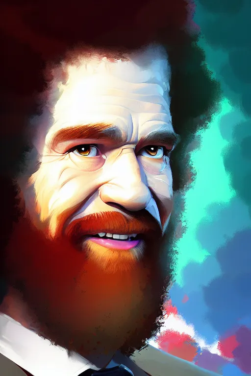 Image similar to portrait of Bob Ross, modern, colourful!! highly detailed, digital painting, artstation, concept art, sharp focus, illustration, by greg rutkowski