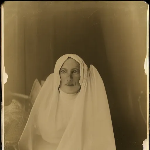 Prompt: filmstill photography of female face covered with white translucent blanket, old victorian room