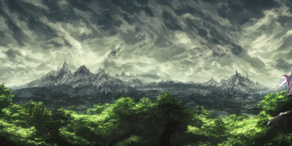 Image similar to landscape, medieval, claymore anime background, world destroyer from claymore manga towering in the sky, a forest in the foreground, mountains in the background, concept art, colour, illustration, smooth, sharp focus, tilted angle, intricate, trending on artstation, trending on deviantart, 4 k