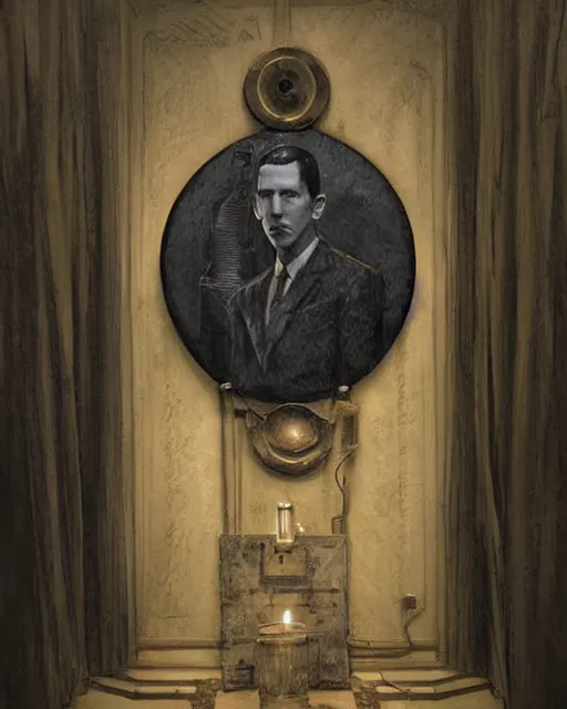 Image similar to portrait of a 1 9 2 0 s h p lovecraft as. a bar relief sculpture on a base, scholarly appearance, detailed face, 2 0 th century, highly detailed, cinematic lighting, digital art painting by greg rutkowski