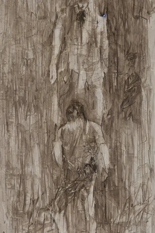 Image similar to a drawn man standing in the rain. pencil sketch.