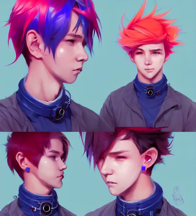 Image similar to character concept art of a cute young cyberpunk boy with colorful hair and collar | | cute - fine - face, pretty face, key visual, realistic shaded perfect face, fine details by stanley artgerm lau, wlop, rossdraws, james jean, andrei riabovitchev, marc simonetti, and sakimichan, trending on artstation