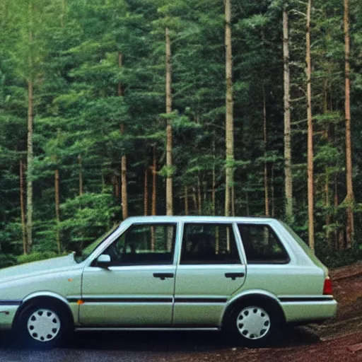 Image similar to vhs footage of a 1 9 9 5 volvo car in a boreal forest