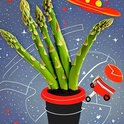 Image similar to image of an asparagus in a flowerpot driving a red tractor in outer space.