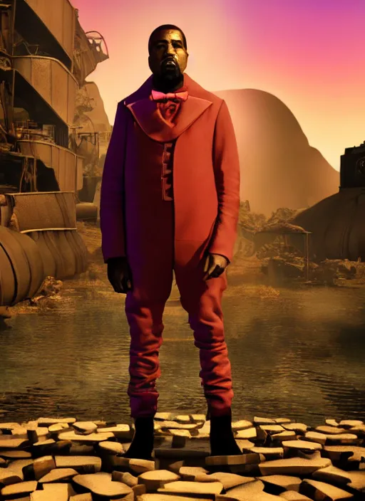 Image similar to Kanye West as willy wonka in fallout new vegas, splash art, movie still, cinematic lighting, dramatic, octane render, long lens, shallow depth of field, bokeh, anamorphic lens flare, 8k, hyper detailed, 35mm film grain