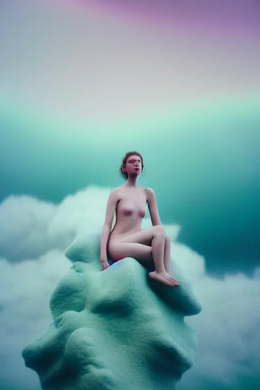 Image similar to high quality pastel coloured film close up wide angle photograph of a model wearing clothing swimming on cloud furniture in a icelandic black rock!! environment in a partially haze filled dreamstate world. three point light, rainbow. photographic production. art directed. pastel colours. volumetric clouds. pastel gradient overlay. waves glitch artefacts. extreme facial clarity. 8 k. filmic.