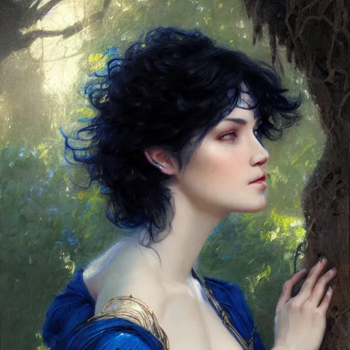 Image similar to portrait of a woman resting on a large tree, short black hair, decorative dark blue clothing, sharp focus, ultra realistic digital painting, colorful, cinematic lighting, high fantasy, intricate, highly detailed, smooth, elegant, gaston bussiere, bayard wu, greg rutkowski