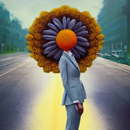 Prompt: giant daisy flower head, frontal, girl in a suit standing on street, surreal photography, sunrise, dramatic light, impressionist painting, digital painting, artstation, simon stalenhag