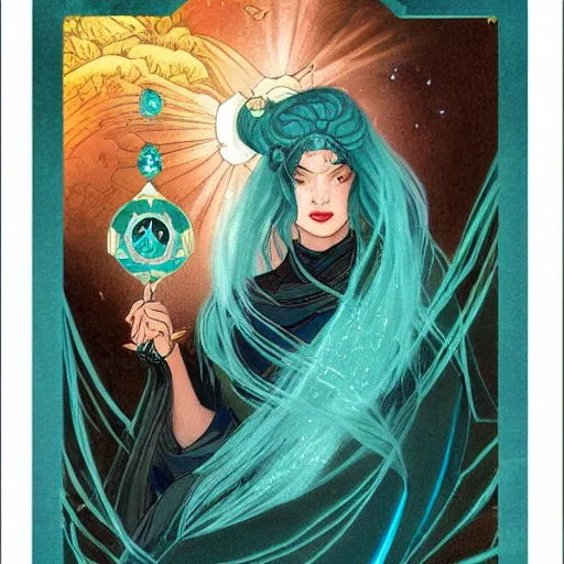 Prompt: a beautiful tarot card of sona with teal colored hair with deep red highlights as a jedi, space fantasy, in the style of magic the gathering, intricate, elegant, highly detailed, digital painting, artstation, concept art, matte, sharp focus, illustration, art by hokusai and jeong seon