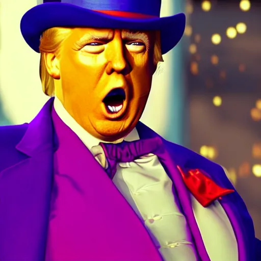 Prompt: portrait of donald trump as willy wonka in, fantasy, splash art, movie still, detailed face, photorealistic facial features, cinematic lighting, dramatic, octane render, long lens, shallow depth of field, bokeh, anamorphic lens flare, 8 k, hyper detailed, 3 5 mm film grain