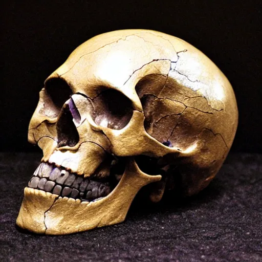 Image similar to human skull made of obsidian and amethyst, gold runic carvings