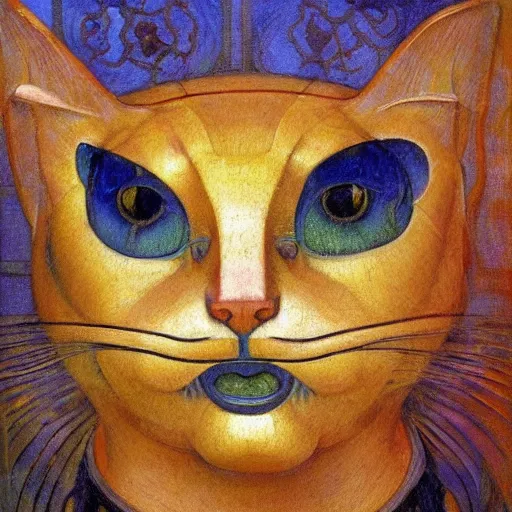 Image similar to masterpiece painting of a mechanical cloisonne cat head sculpture, by annie swynnerton and diego rivera and nicholas roerich and jean delville and janet fish, symbolist, dramatic lighting, god rays, art brut, rich colors, smooth, sharp focus, extremely detailed, adolf wolfli and ( donato giancola and bilibin )