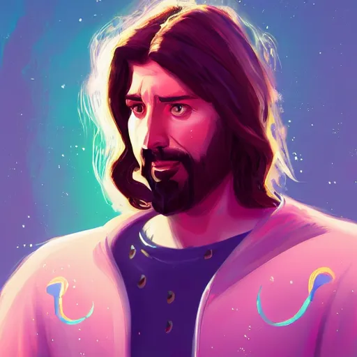 Image similar to portrait of jesus christ as a glam rockstar, mattepainting concept blizzard pixar maya engine on stylized background splash comics global illumination lighting artstation lois van baarle, ilya kuvshinov, rossdraws