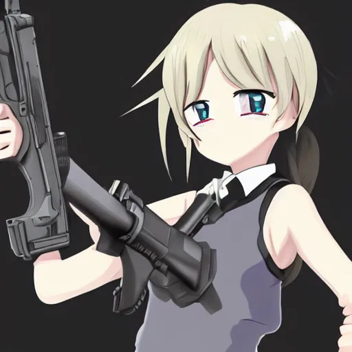 Image similar to anime girl pointing a gun at the camera