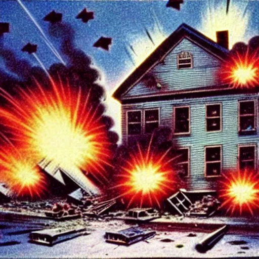 Image similar to color photo from the 80s, the shelling of a house in New York by Soviet soldiers, epic style, a bunch of explosions, realistic style