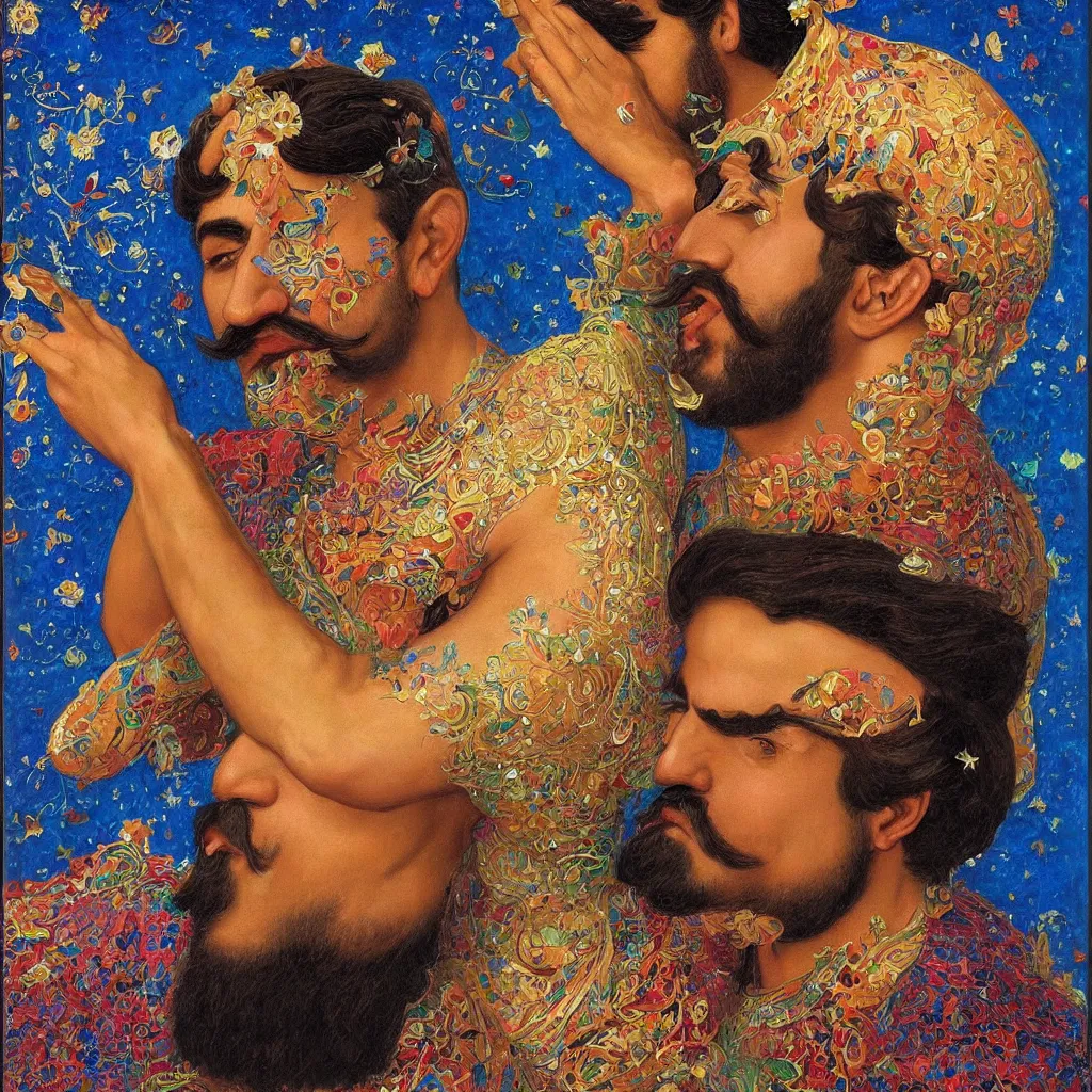 Prompt: beautiful muscular iranian persian men with mustache kiss with passion, kaleidoscope, victor nizovtsev, botticelli