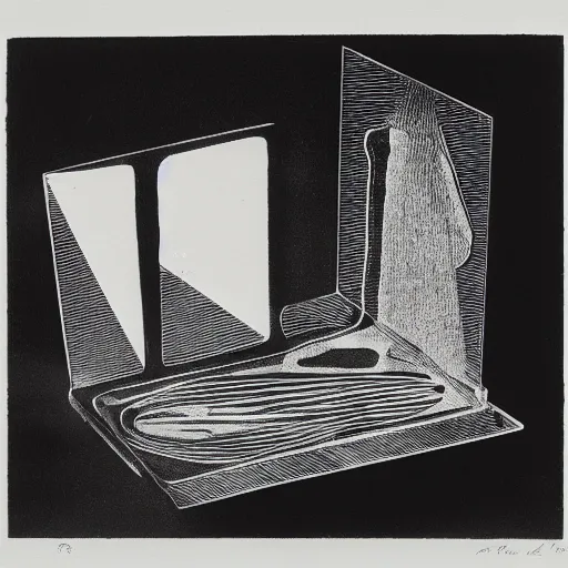 Prompt: a duchamp etching by hito steyerl, object in a void, museum, futuristic, dada