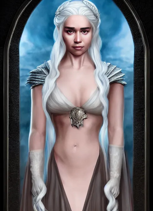 Prompt: queen daenerys stormborn, by anne stokes and larry elmore, detailed matte painting, realistic portrait, symmetrical, highly detailed, digital painting, artstation, concept art, smooth, sharp focus, illustration, cinematic lighting, 8 k resolution