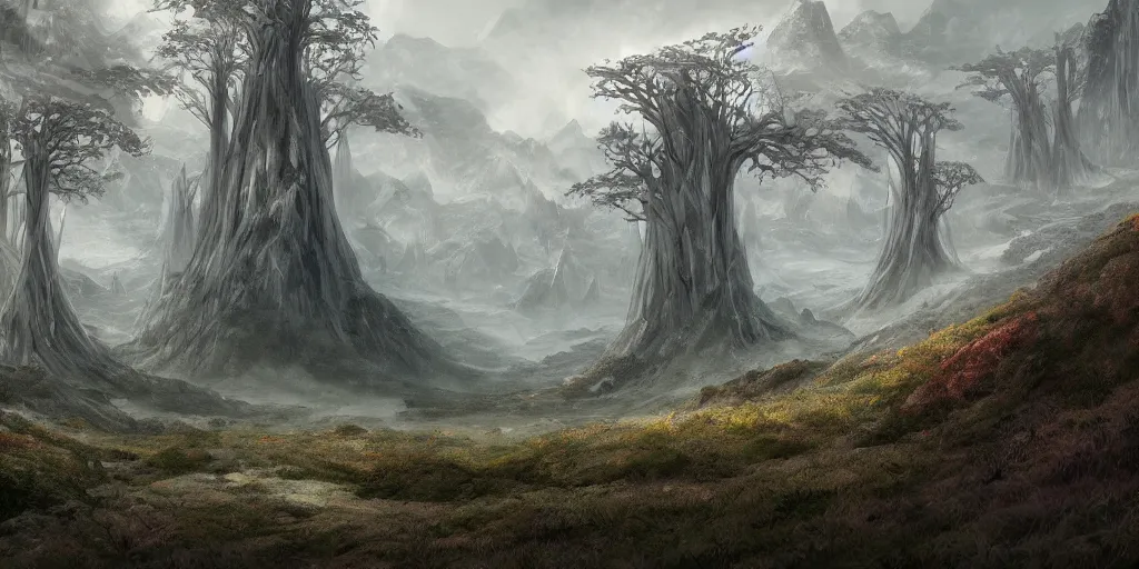 Image similar to calm landscape with cold misty mountains in the north, grand plains in the west, and a twisting forrest in the south, concept art, fantasy art, highly detailed hd, artstation, hd wallpaper