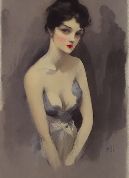 Prompt: a painting of a woman by Louis Icart, highly detailed, masterpiece, trending on ArtStation, ultra realistic