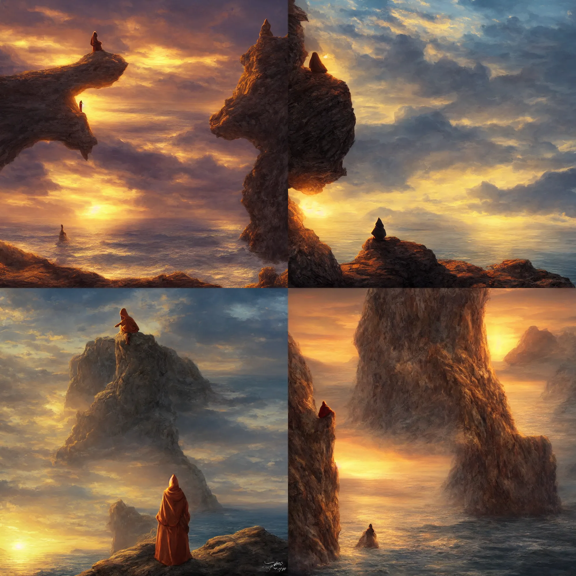 Prompt: Hooded character on a cliff looking wistfully into the golden sunset on a seashore, epic fantasy art