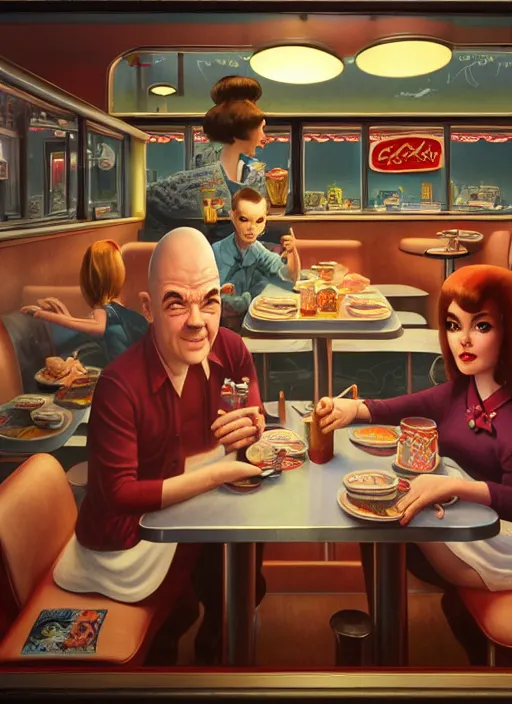 Image similar to highly detailed wide - angle portrait of a retro 1 9 6 0 s diner, nicoletta ceccoli, mark ryden, lostfish, earl nore, hyung tae, frank frazetta, global illumination, god rays, detailed and intricate environment