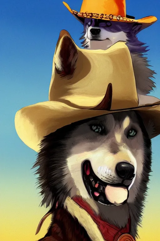 Image similar to a portrait painting of a husky in cowboy costume, wearing a cowboy hat, by [ studio ghibli ], in the style of anime, [ western film ], [ red dead ], trending on artstation