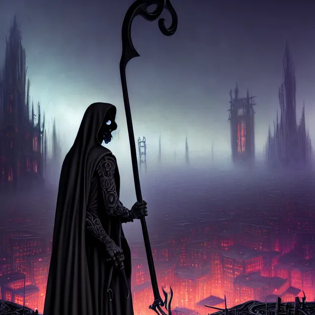 Prompt: Beautiful portrait 3d render of the gothic grim reaper with a scythe, centered face, portrait, atmospheric lighting, painted, intricate, volumetric lighting, beautiful, rich deep colors masterpiece, sharp focus, ultra detailed, in the style of Dan Mumford and marc simonetti, with a crowded futuristic cyberpunk church city in the background, astrophotography