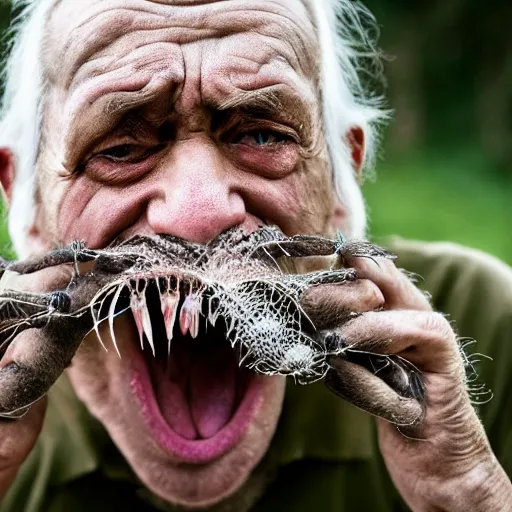 Image similar to National Geographic photo of angry old man with spiders in his mouth