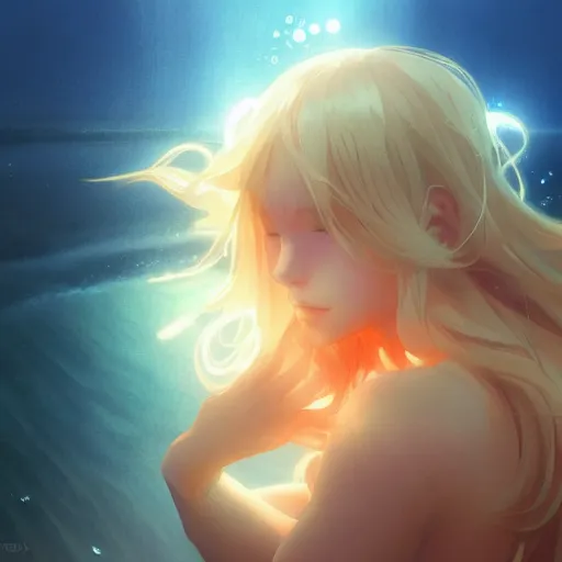 Prompt: blonde anime girl, underwater in the ocean at night, atmospheric, volumetric lighting, glowing lights, 4k, octane, digital painting, artstation, concept art, sharp focus, illustration, art by artgerm and greg rutkowski and alphonse mucha