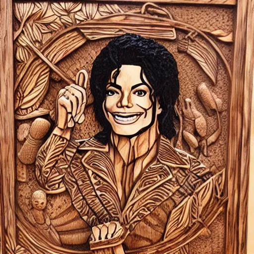 Prompt: intricate wood carving of michael jackson having a picnic