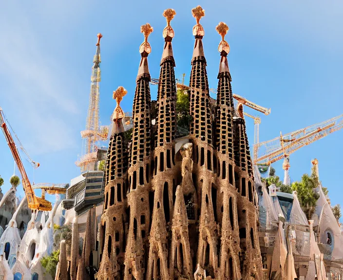 Image similar to 4 k hd, high detail photograph of la sagrada familia from the distance, shot with sigma f / 4. 2, 2 5 0 mm sharp lens, wide shot, volumetric lighting, high level texture render