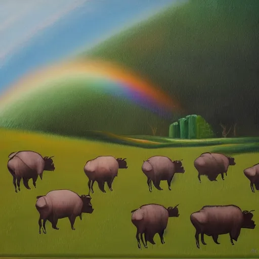 Image similar to buffalos grazing a field of umbrellas with a waterfall and a rainbow in the background, oil on canvas