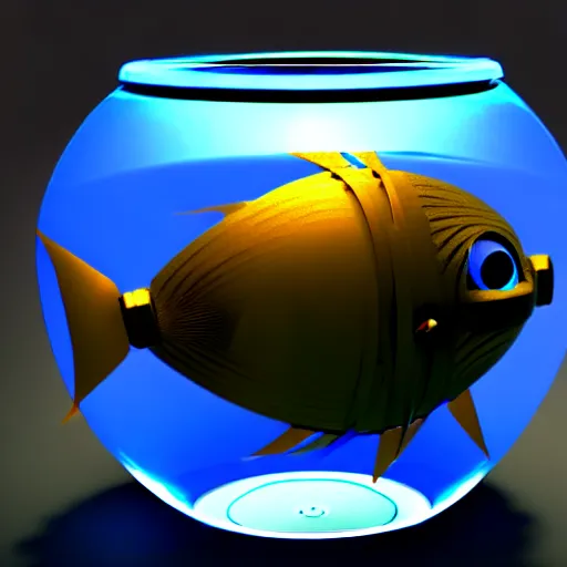 Image similar to a fish bowl mecha with arms, we can also see a fish inside of it, photorealistic 3 d render, unreal engine